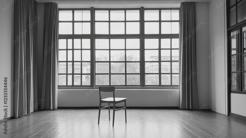 Obraz premium A solitary chair in an empty room with large windows, soft light filtering through curtains