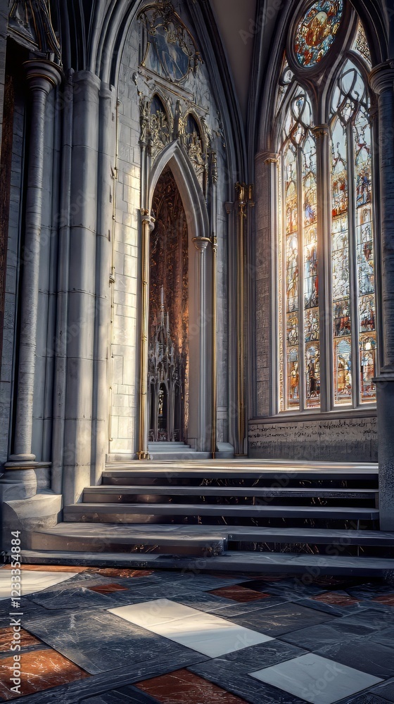 Fototapeta premium Sunlit cathedral steps and stained glass