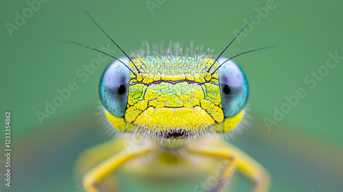 Extreme macro portrait of a blue-eyed damselfly resting outdoors in natural green bokeh light.