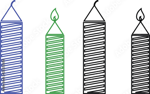 Candle light burn wax flat and line outline icon set . Birthday decorative candles collection isolated on transparent background. For celebration, candlelight design template simple and clean.