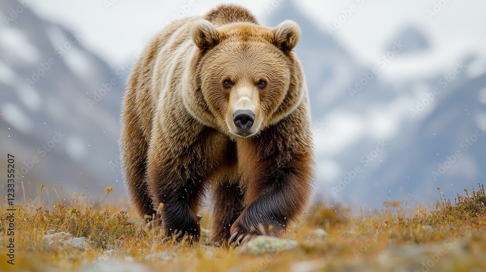 Obraz premium Brown bear walking in mountain meadow with snowy peaks