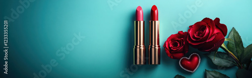 Luxurious lipsticks in pink and red shades beside red roses and heart shaped decoration create romantic and vibrant scene. Perfect for beauty and love themes