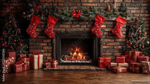 A cozy holiday scene featuring a fireplace, stockings, and decorated Christmas trees.