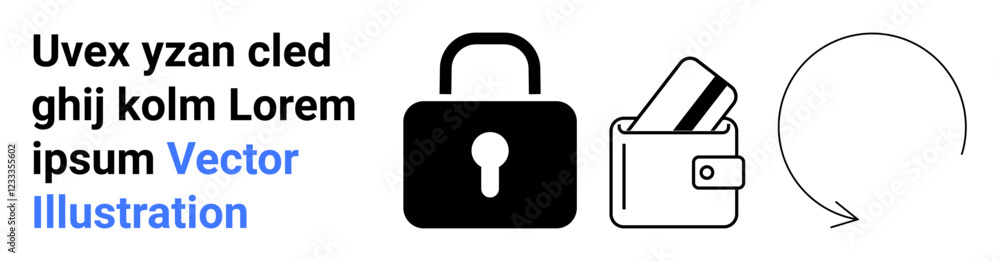 Lock icon, wallet with cards, and circular arrow conveying digital security, online payments, and process rotation. Ideal for cybersecurity, finance, e-commerce, data protection fintech transaction Lock icon, wallet with cards, and circular arrow conveying digital security, online payments, and process rotation. Ideal for cybersecurity, finance, e-commerce, data protection fintech transaction