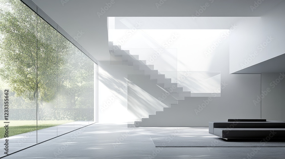 Fototapeta premium A modern duplex apartment with a glass bridge allowing natural illumination below.