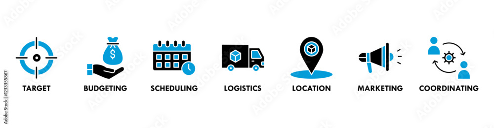 Banner of event management web vector illustration concept with icons of target, budgeting, scheduling, logistics, location, coordinating Banner of event management web vector illustration concept with icons of target, budgeting, scheduling, logistics, location, coordinating