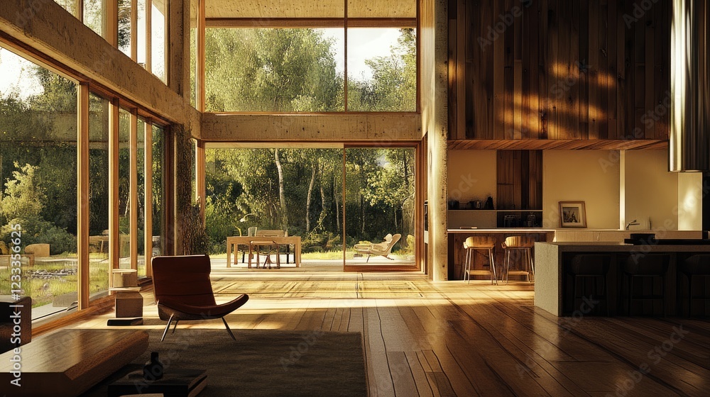 A modern loft with transparent sliding doors bringing in abundant daylight. A modern loft with transparent sliding doors bringing in abundant daylight.