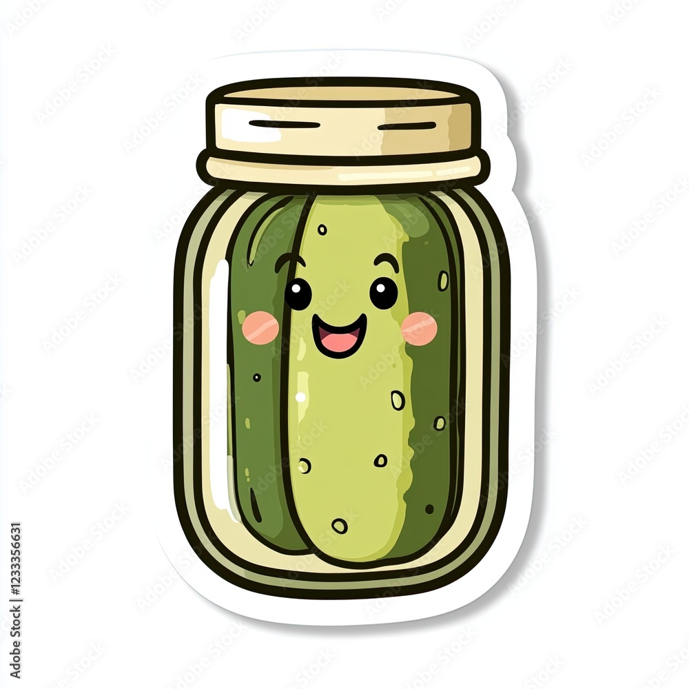 A cute sticker of a pickle jar with a happy face on a white background A cute sticker of a pickle jar with a happy face on a white background