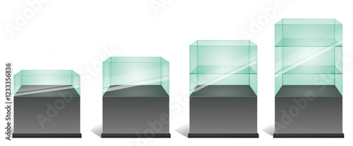Set of Glass Display Cases with Different Heights and Shelves illustration isolated.  