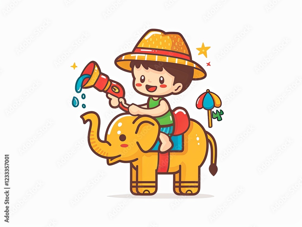 Cute Cartoon, People on a Cute Elephant with Water Guns. Cute Cartoon, People on a Cute Elephant with Water Guns.