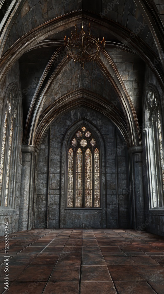 Fototapeta premium Gothic hall with stained glass window