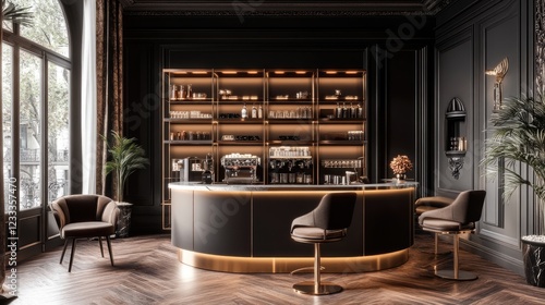 Wallpaper Mural A sophisticated home bar with metallic shelving, warm lighting, and a marble counter. Torontodigital.ca