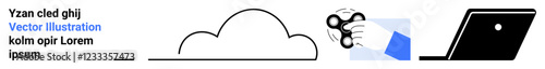 Hand holding a fidget spinner near a cloud and laptop, symbolizing balance, focus, relaxation, and connection. Ideal for mindfulness, technology, remote work, innovation creativity recreation