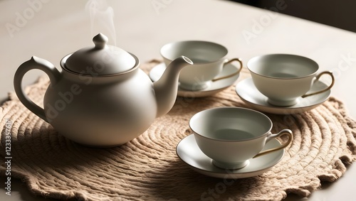 Wallpaper Mural Steaming teapot with three teacups on beige woven mat, soft light Torontodigital.ca
