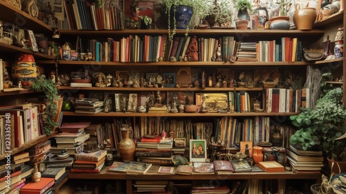 Wallpaper Mural A stylish bookshelf filled with an eclectic mix of books, artifacts, and greenery. Torontodigital.ca