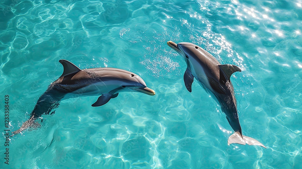 Obraz premium Two dolphins swimming in clear turquoise water