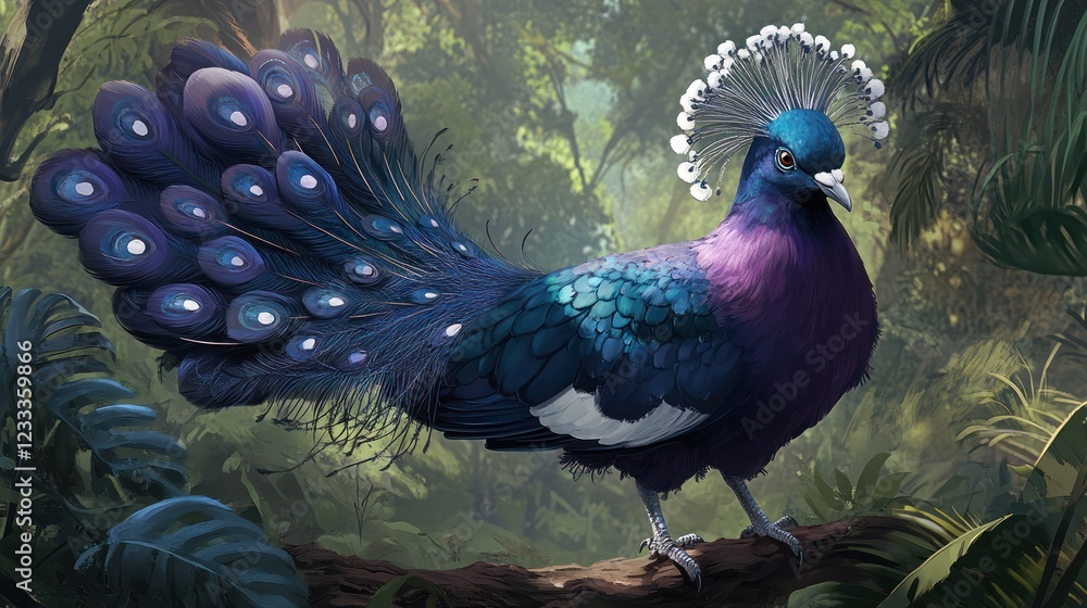 Fototapeta premium Vibrant Western Crowned Pigeon in lush jungle