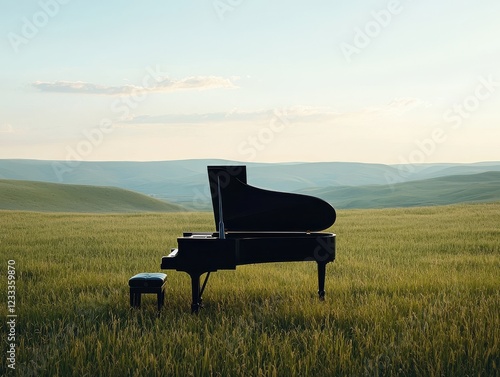 A grand piano sits gracefully in a serene field at sunset.