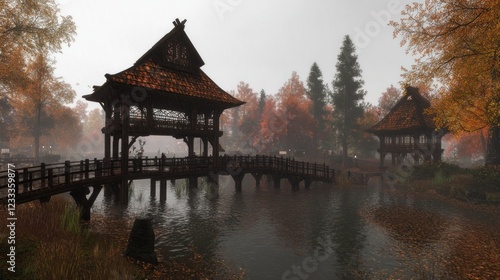 Wallpaper Mural Misty Autumn Haven: Serene Japanese-Style Bridge and Pavilion Reflecting on a Calm Lake Torontodigital.ca