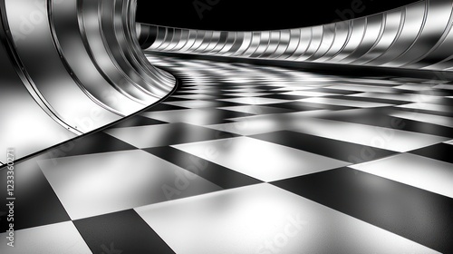Abstract Metal Corridor with Checkered Floor: A Monochromatic Vision photo