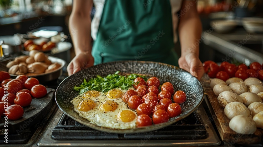 Obraz premium Chef serves fried eggs with tomatoes and parsley in a restaurant kitchen