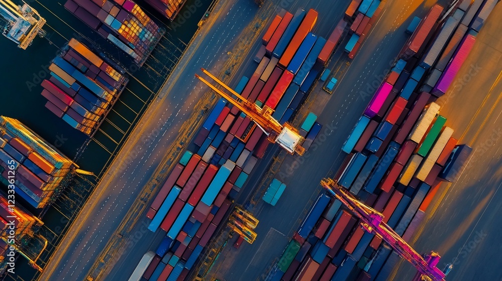 Obraz premium Aerial view of a shipping port with colorful stacked containers and cranes at sunset