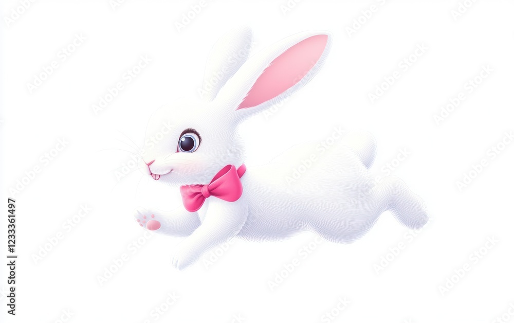 Fototapeta premium White bunny rabbit leaping, pink bow, white background, children's book illustration
