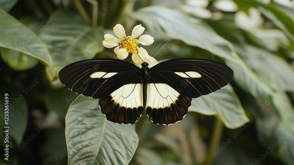 Elegant black and white butterfly on a delicate cream flower amidst green leaves Elegant black and white butterfly on a delicate cream flower amidst green leaves