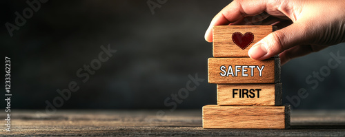 Emphasizing safety, this image showcases wooden blocks stacked to convey the message 