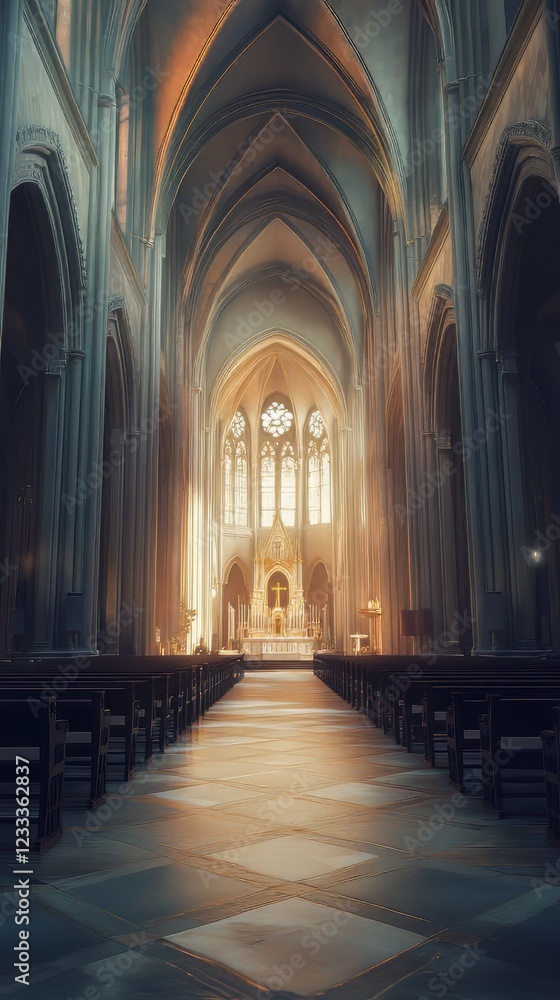 Fototapeta premium Sunlit cathedral aisle, peaceful scene
