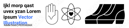 Hand gesture, atom with heart at the center, abstract steps in minimalist black and white design. Ideal for science, mindfulness, love, progress, technology, education flat landing page banner