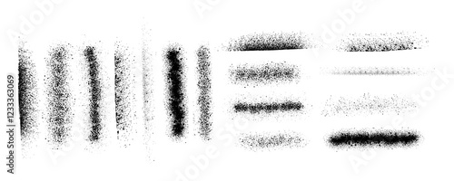 Paint spray set noise of grains or brush dust and black sand particles, vector abstract shape effect. Wavy spray paint in graffiti ink style with grainy noise texture of black dots and rough dust. EPS