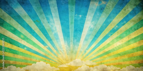Retro-style sky pattern on old paper with bold stripes of blue, green and yellow, creating a nostalgic and dreamy atmosphere