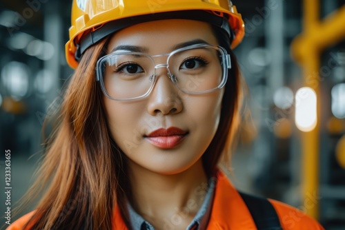 A bold lady in hard hat and safety glasses in an industrial environment 