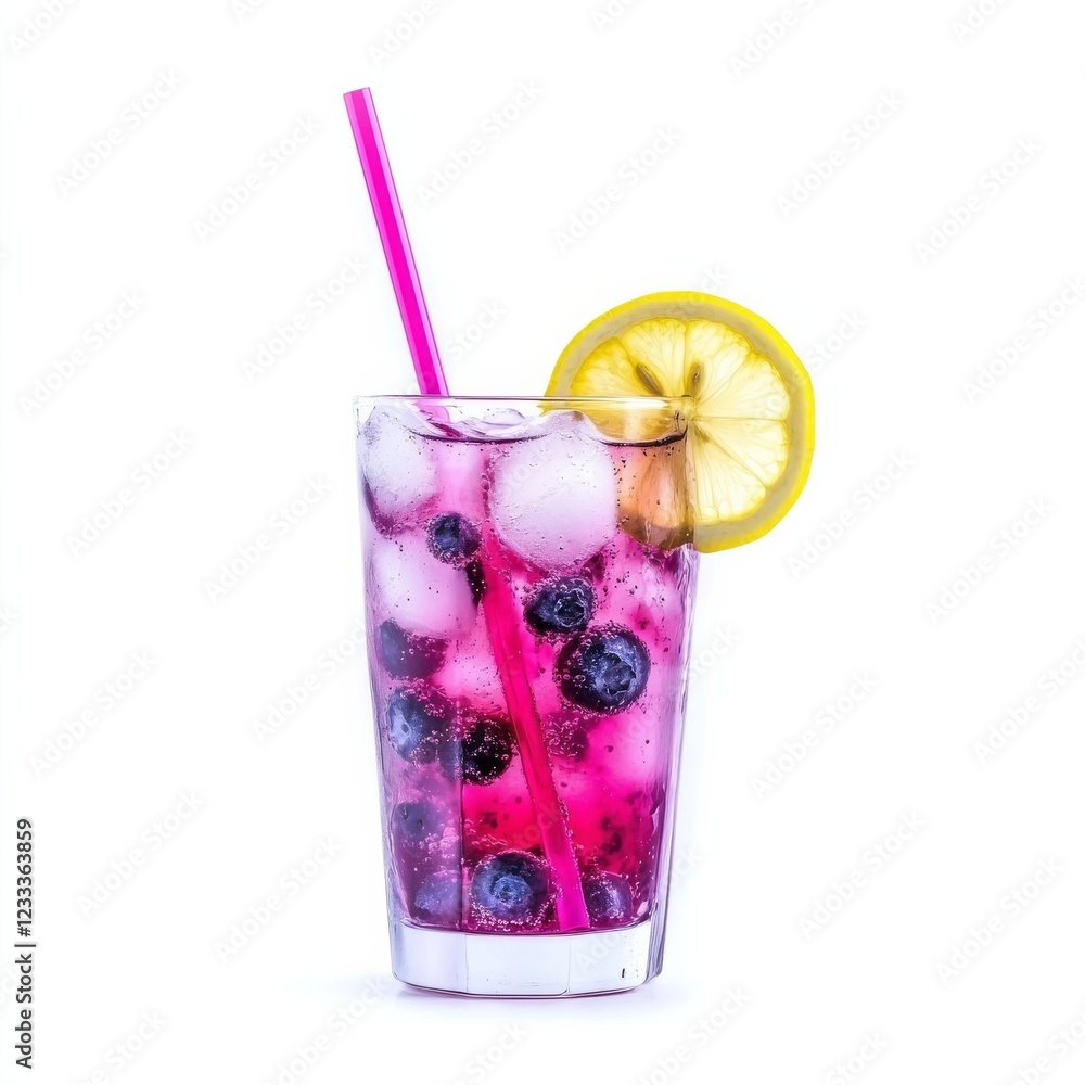 A refreshing blueberry lemonade in a clear glass, isolated white background, minimalistic art style A refreshing blueberry lemonade in a clear glass, isolated white background, minimalistic art style