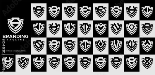 Line security shield letter A-Z initial logo set
