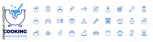 Cooking icon collection. Bold line style. Duotone colors. cook, cooking, oven, cooking pot, salver, squeezer, burner, microwave, ladle, boiling, stove, pot