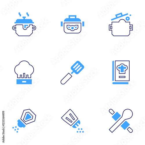 Cooking icon set. Bold line style. Duotone colors. Editable stroke. chef hat, spatula, salt, cooking pot, cook book, cooking