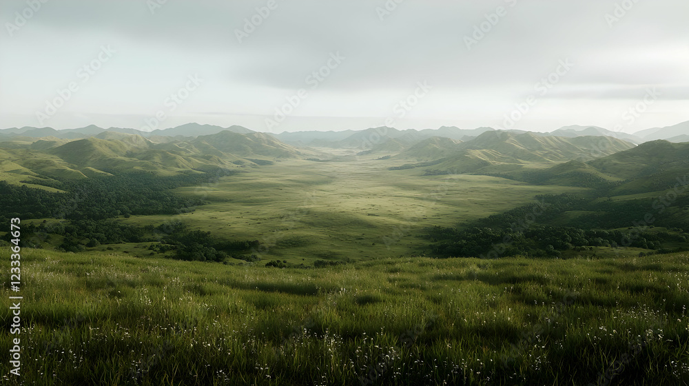 Fototapeta premium Serene valley landscape, grassy hills, misty morning, peaceful nature scene, travel poster