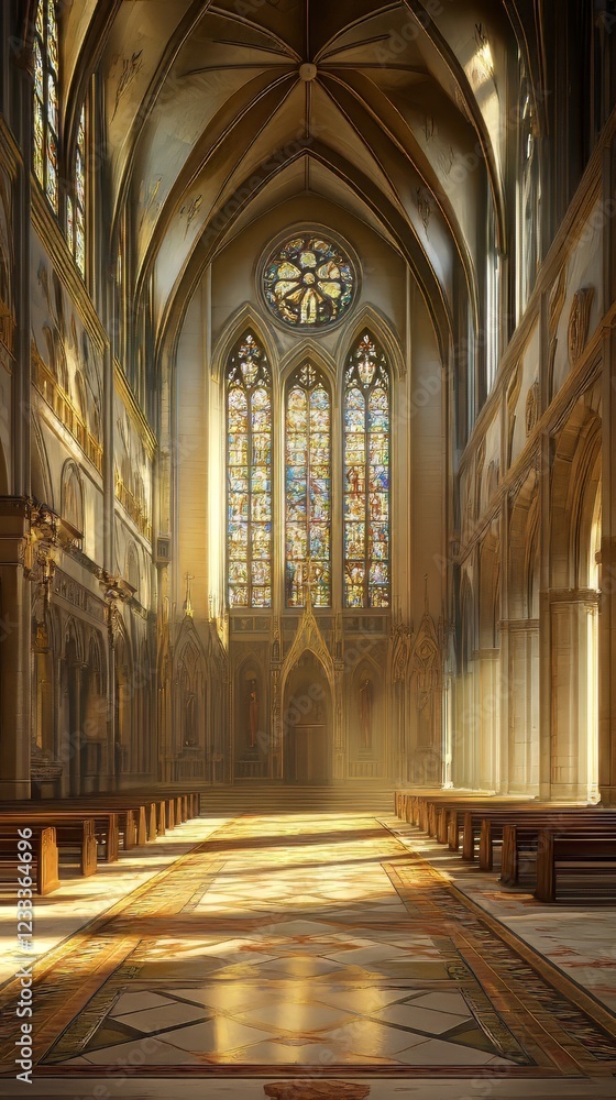 Fototapeta premium Sunlit cathedral nave and altar