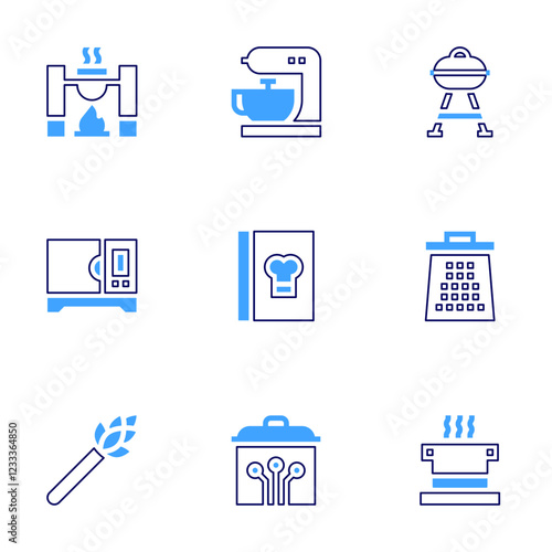 Cooking icon set. Bold line style. Duotone colors. Editable stroke. pot on fire, oven, asparagus, recipe book, mixer, pan, barbacue, grater, cooking pot