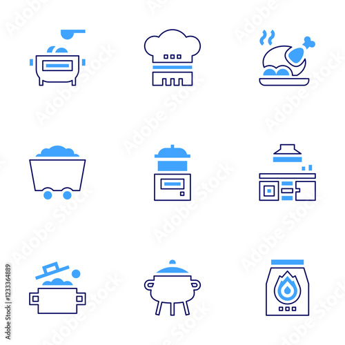 Cooking icon set. Bold line style. Duotone colors. Editable stroke. pot, coal, cooking, chef hat, charcoal, cooking pot, roast chicken, kitchen