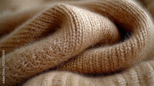 Close-up of folded beige knitted sweater texture, background, apparel
