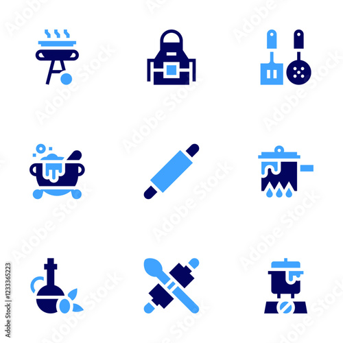 Cooking icon set. Bold style. Duotone colors. cooking, magic pot, barbecue, olive oil, skimmers, apron, pot
