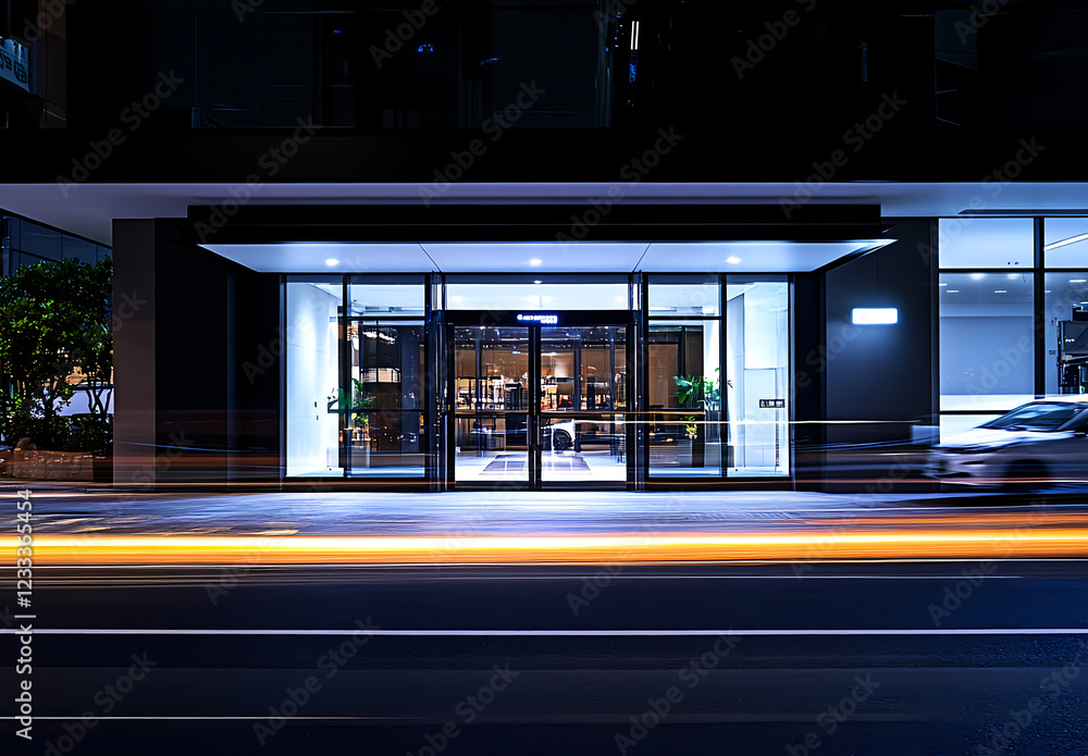 Obraz premium A long-exposure photograph of the entrance to an office building in Tokyo, with light trails from cars passing by. Across the street on the right side is another large, glass and white concrete, 