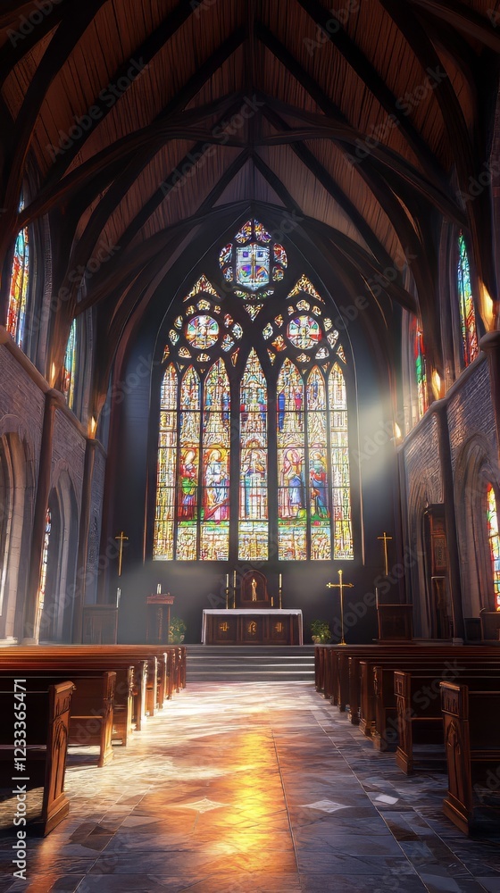 Fototapeta premium Sunlit church interior with stained glass