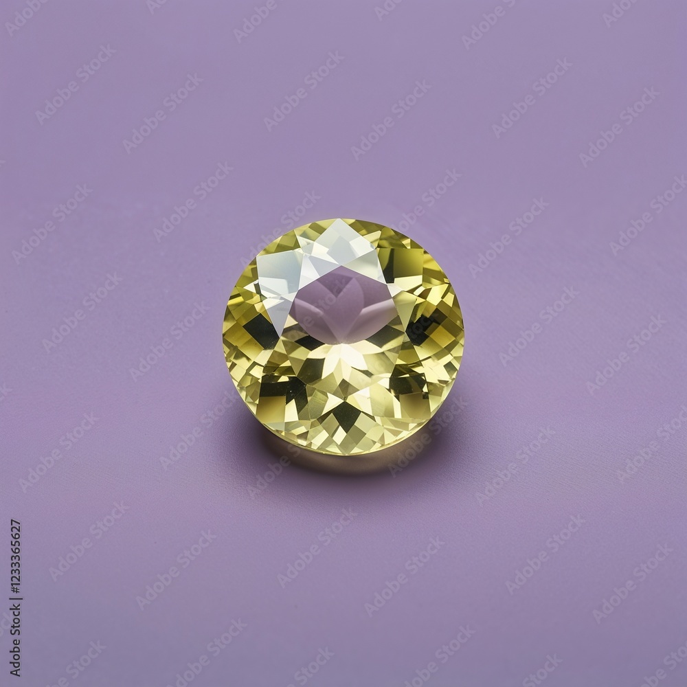 Round Lemon Yellow Chrysoprase gemstone closeup on plain soft lilac background Round Lemon Yellow Chrysoprase gemstone closeup on plain soft lilac background