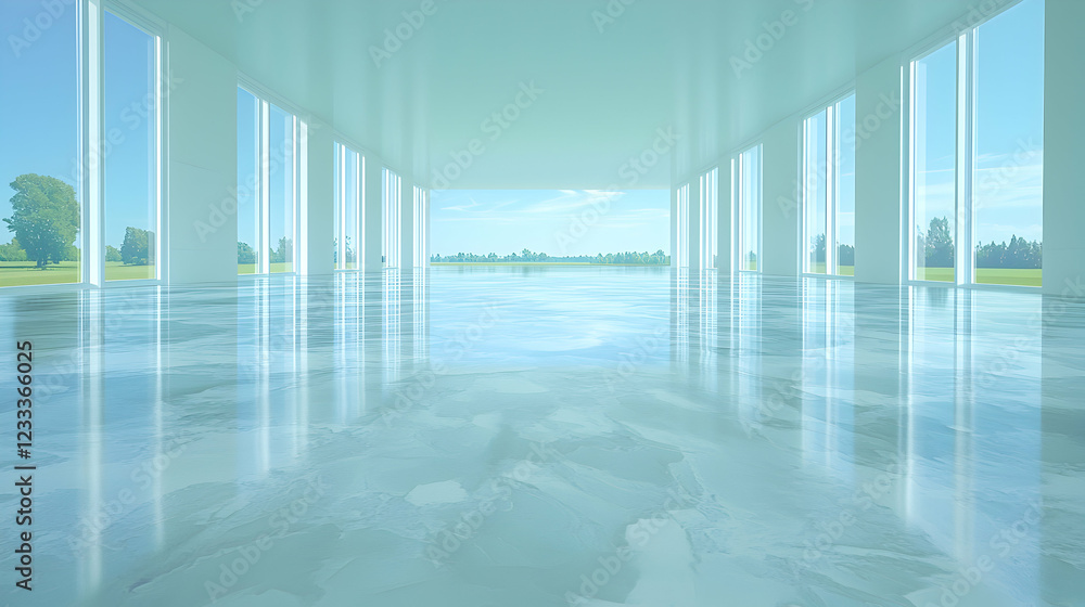 Fototapeta premium Modern spacious office, park view, bright sunlight, floor reflection, architectural design