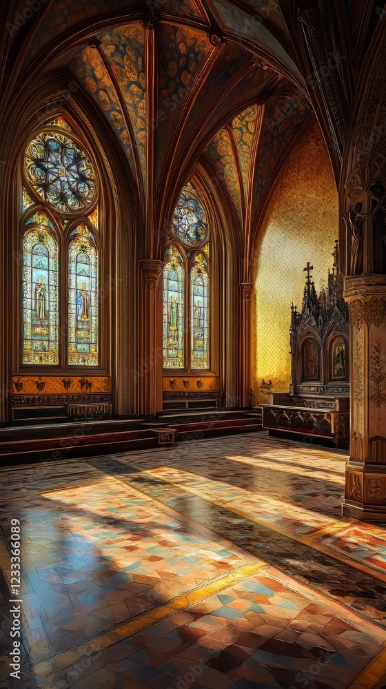 Obraz premium Sunlit chapel with stained glass
