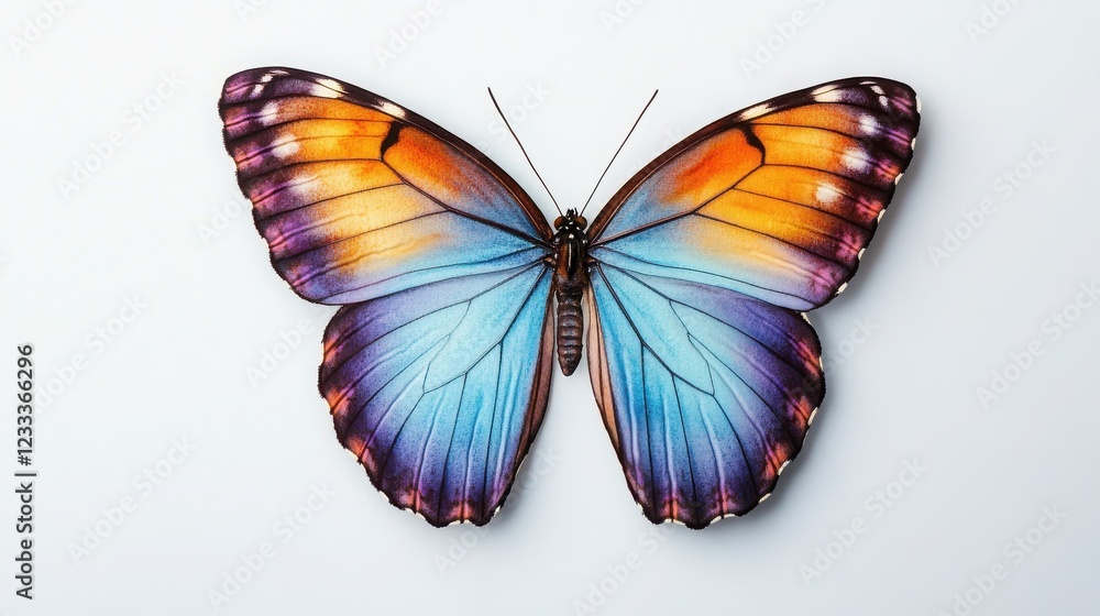 Obraz premium A vibrant butterfly showcasing stunning orange and blue patterns, perched gracefully, symbolizing nature's beauty and transformation.